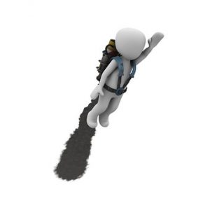 Cartoon character launching on a rocket